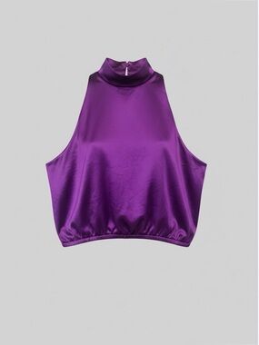 Express satin halter top in a rich purple color.